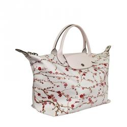 Pre Owned Longchamp White Nylon Floral Print Canvas Tote Bag