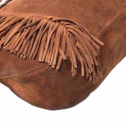Longchamp Brown Suede Fringed Zipper Trim Hobo Bag