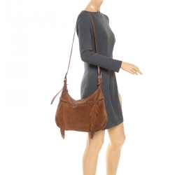 Longchamp Brown Suede Fringed Zipper Trim Hobo Bag