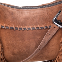 Longchamp Brown Suede Fringed Zipper Trim Hobo Bag