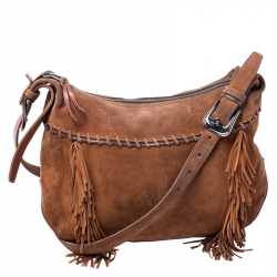 Longchamp Brown Suede Fringed Zipper Trim Hobo Bag