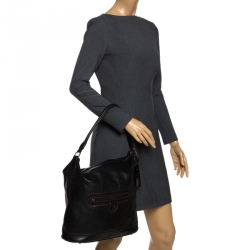 Pre Owned Longchamp Black Leather Front Pocket Hobo