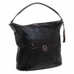 Pre Owned Longchamp Black Leather Front Pocket Hobo