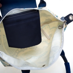 Pre Owned Longchamp Blue/White Floral Print Nylon and Leather Small Le Pliage Tote