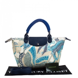 Pre Owned Longchamp Blue/White Floral Print Nylon and Leather Small Le Pliage Tote