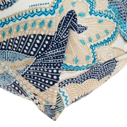 Pre Owned Longchamp Blue/White Floral Print Nylon and Leather Small Le Pliage Tote