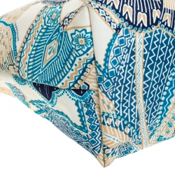 Pre Owned Longchamp Blue/White Floral Print Nylon and Leather Small Le Pliage Tote