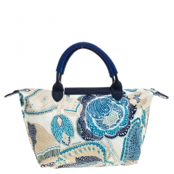 Pre Owned Longchamp Blue/White Floral Print Nylon and Leather Small Le Pliage Tote