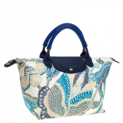 Pre Owned Longchamp Blue/White Floral Print Nylon and Leather Small Le Pliage Tote