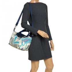 Pre Owned Longchamp Blue/White Floral Print Nylon and Leather Small Le Pliage Tote