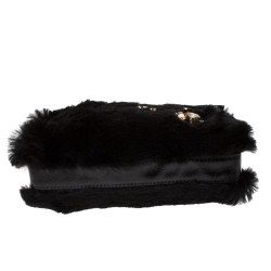 Pre Owned Longchamp Black Embellished Fur and Patent Leather Evening Bag