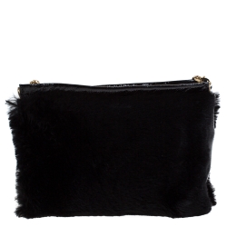 Pre Owned Longchamp Black Embellished Fur and Patent Leather Evening Bag