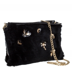 Pre Owned Longchamp Black Embellished Fur and Patent Leather Evening Bag