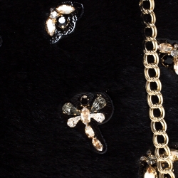 Pre Owned Longchamp Black Embellished Fur and Patent Leather Evening Bag