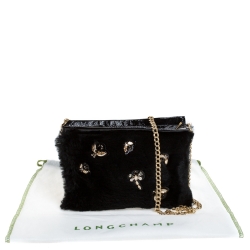 Pre Owned Longchamp Black Embellished Fur and Patent Leather Evening Bag