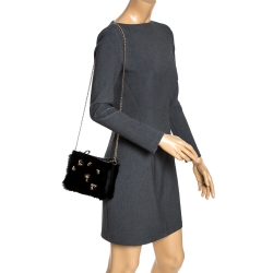 Pre Owned Longchamp Black Embellished Fur and Patent Leather Evening Bag