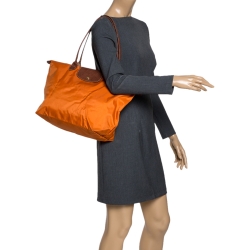 Longchamo Orange/Brown Nylon and Leather Le Pliage Tote