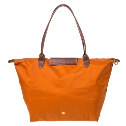 Longchamo Orange/Brown Nylon and Leather Le Pliage Tote