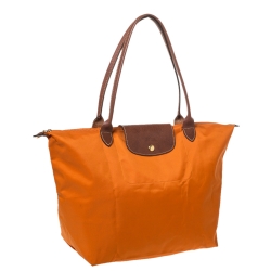 Longchamo Orange/Brown Nylon and Leather Le Pliage Tote