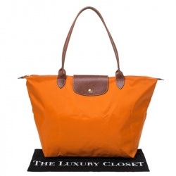 Longchamo Orange/Brown Nylon and Leather Le Pliage Tote