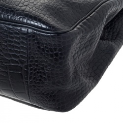 Longchamp Black Crocodile Embossed Leather Roseau Tote 