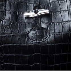 Longchamp Black Crocodile Embossed Leather Roseau Tote 
