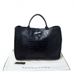 Longchamp Black Crocodile Embossed Leather Roseau Tote 