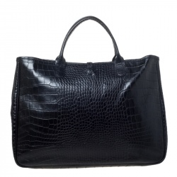 Longchamp Black Crocodile Embossed Leather Roseau Tote 