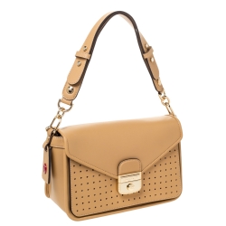 Pre Owned Longchamp Beige Perforated Leather Le Pliage Heritage Top Handle Bag