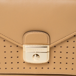 Pre Owned Longchamp Beige Perforated Leather Le Pliage Heritage Top Handle Bag