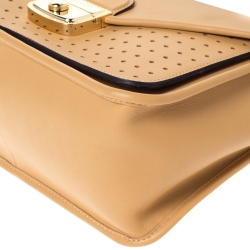 Pre Owned Longchamp Beige Perforated Leather Le Pliage Heritage Top Handle Bag