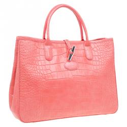 Pre Owned Longchamp Corail Pink Croc Embossed Leather Roseau Tote
