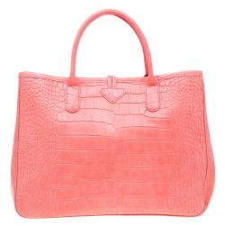 Pre Owned Longchamp Corail Pink Croc Embossed Leather Roseau Tote