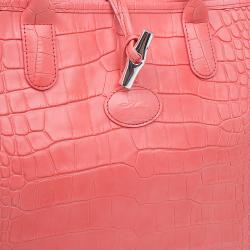 Pre Owned Longchamp Corail Pink Croc Embossed Leather Roseau Tote