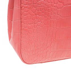 Pre Owned Longchamp Corail Pink Croc Embossed Leather Roseau Tote