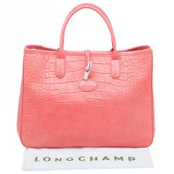 Pre Owned Longchamp Corail Pink Croc Embossed Leather Roseau Tote
