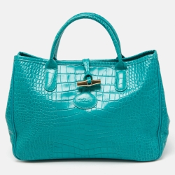 Longchamp Green Croc Embossed Leather Roseau Tote