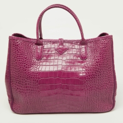 Pre Owned Longchamp Purple Croc Embossed Leather Roseau Tote