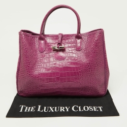 Pre Owned Longchamp Purple Croc Embossed Leather Roseau Tote