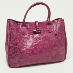 Pre Owned Longchamp Purple Croc Embossed Leather Roseau Tote