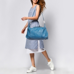 Pre Owned Longchamp Blue Leather Le Pliage Cuir Tote