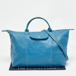 Pre Owned Longchamp Blue Leather Le Pliage Cuir Tote