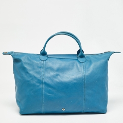 Pre Owned Longchamp Blue Leather Le Pliage Cuir Tote