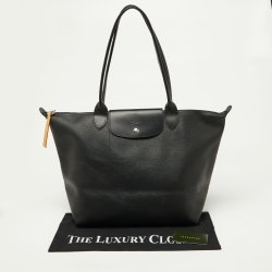 Pre Owned Longchamp Black Leather Medium Le Pliage Tote
