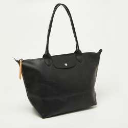 Pre Owned Longchamp Black Leather Medium Le Pliage Tote