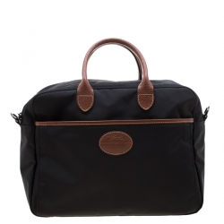 Pre Owned Longchamp Black/Brown Nylon and Leather Le Pliage Travel Bag 