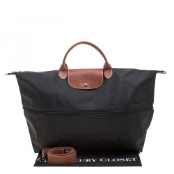 Pre Owned Longchamp Black/Brown Nylon and Leather Le Pliage Expandable Travel Bag