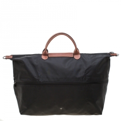 Pre Owned Longchamp Black/Brown Nylon and Leather Le Pliage Expandable Travel Bag