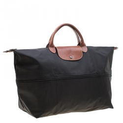 Pre Owned Longchamp Black/Brown Nylon and Leather Le Pliage Expandable Travel Bag