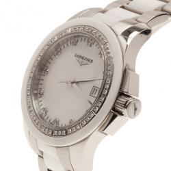 Pre Owned Longines White Stainless Steel & Ceramic Women's Wristwatch 35MM